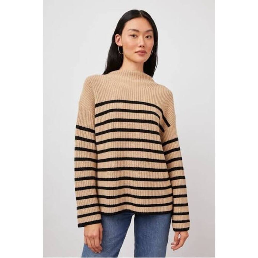 Rails Claudia Striped Sweater Mock Funnel Neck Camel/Black  Size‎ Medium